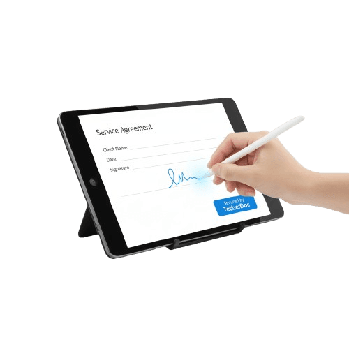 A diagram illustrating the TetherDoc e-signing and blockchain verification process